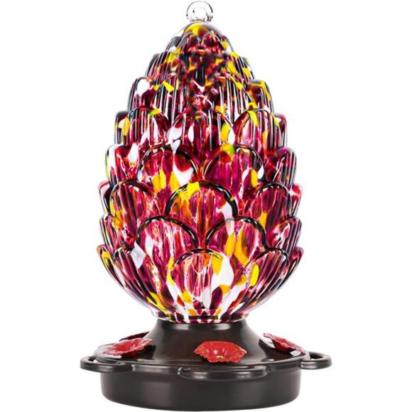 Pine Cone Shaped Hand Blown Glass Hummingbird Feeder for Outdoor Use - For Birds - Picture 2 of 4